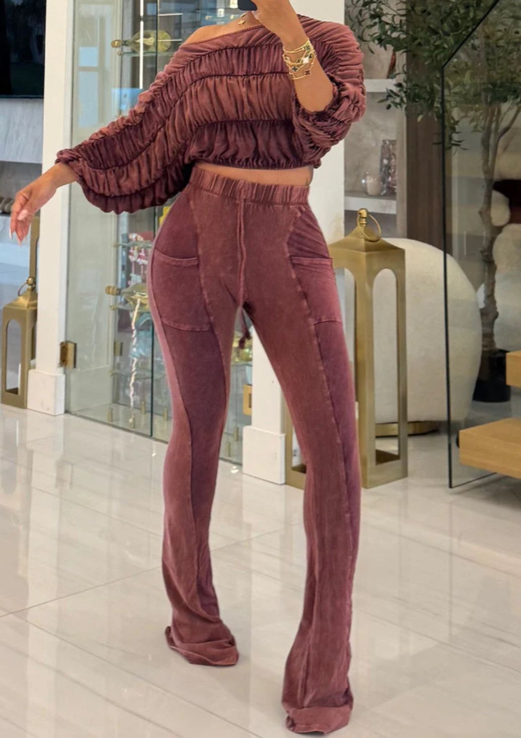 Ruched crop blouse & pants set